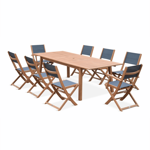 Mesa de jardim extensível em madeira, 8 cadeiras, Almeria 8, Madeira, 240x100x75 cm
