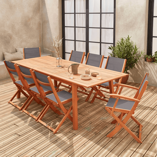 Mesa de jardim extensível em madeira, 8 cadeiras, Almeria 8, Madeira, 240x100x75 cm