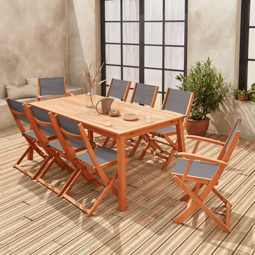 Mesa de jardim extensível em madeira, 8 cadeiras, Almeria 8, Madeira, 240x100x75 cm
