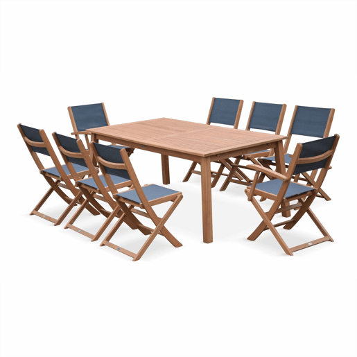 Mesa de jardim extensível em madeira, 8 cadeiras, Almeria 8, Madeira, 240x100x75 cm