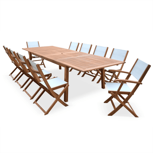 Mesa de madeira extensível para jardim, 10 cadeiras, Almeria, Madeira, 300x110x75 cm