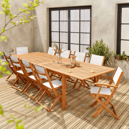 Mesa de madeira extensível para jardim, 10 cadeiras, Almeria, Madeira, 300x110x75 cm