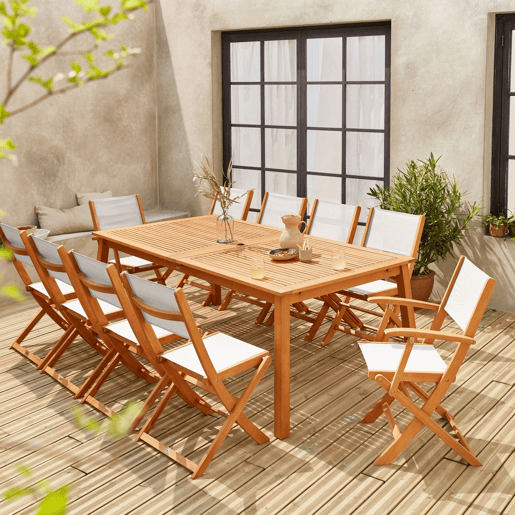 Mesa de madeira extensível para jardim, 10 cadeiras, Almeria, Madeira, 300x110x75 cm