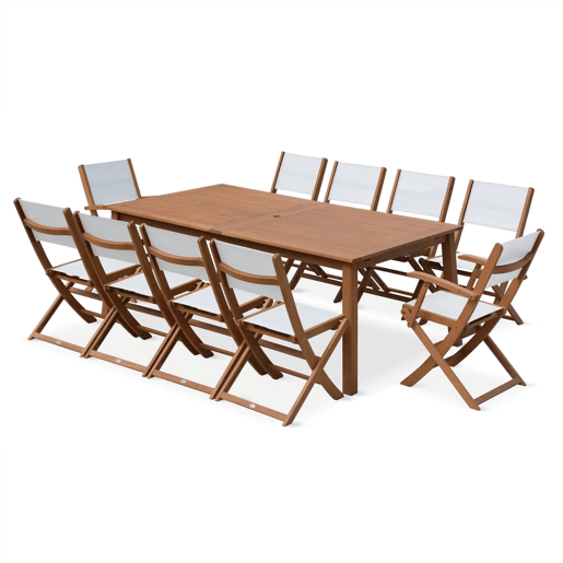 Mesa de madeira extensível para jardim, 10 cadeiras, Almeria, Madeira, 300x110x75 cm