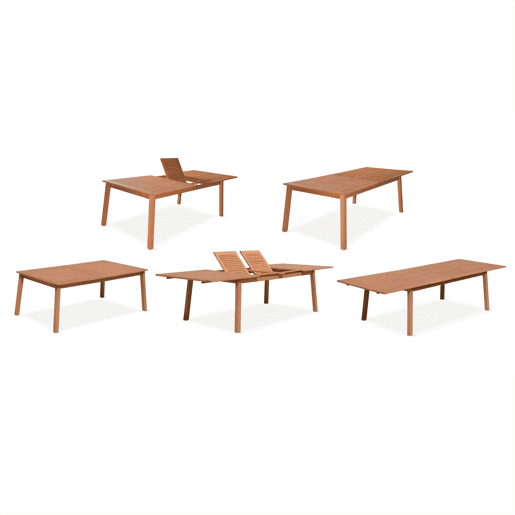 Mesa de madeira extensível para jardim, 10 cadeiras, Almeria, Madeira, 300x110x75 cm