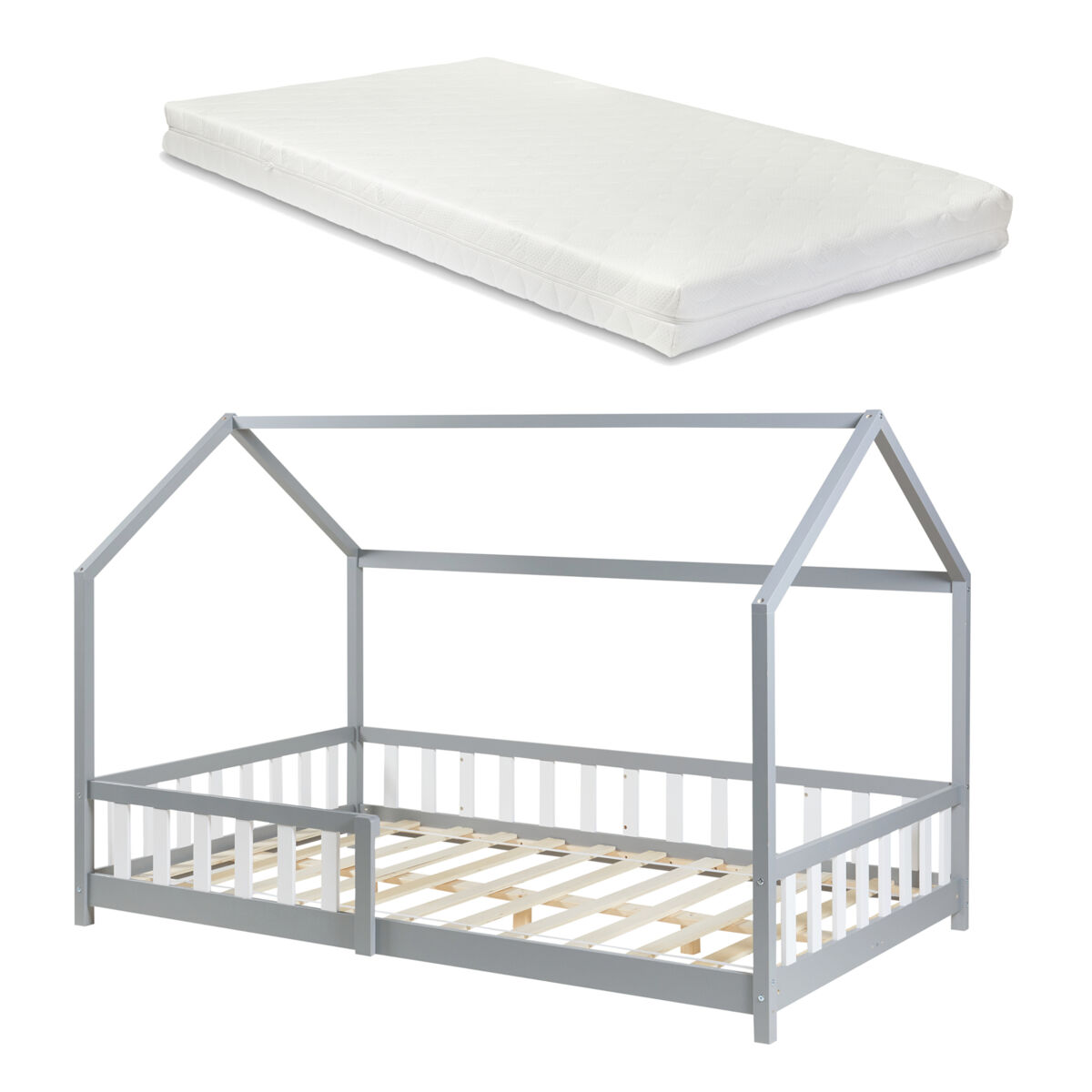 Cama infantil Hesel en forma de casa con reja y colchón [en.casa] 205x126 Gris