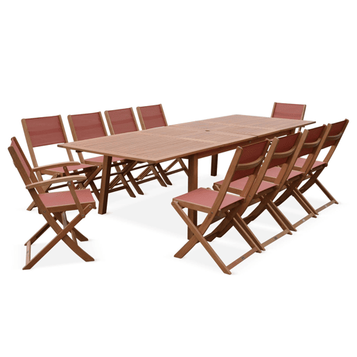 Mesa de madeira extensível para jardim, 10 cadeiras, Almeria, Madeira, 300x110x75 cm