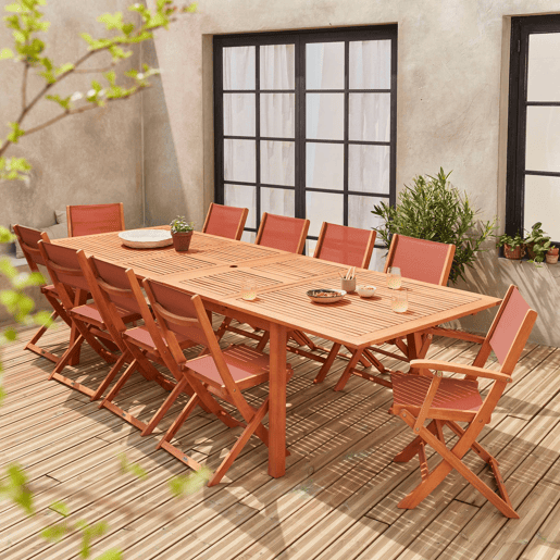 Mesa de madeira extensível para jardim, 10 cadeiras, Almeria, Madeira, 300x110x75 cm