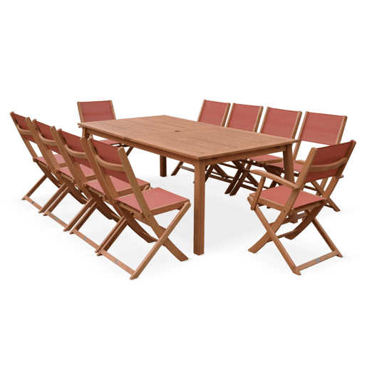Mesa de madeira extensível para jardim, 10 cadeiras, Almeria, Madeira, 300x110x75 cm
