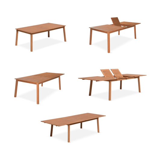 Mesa de madeira extensível para jardim, 10 cadeiras, Almeria, Madeira, 300x110x75 cm