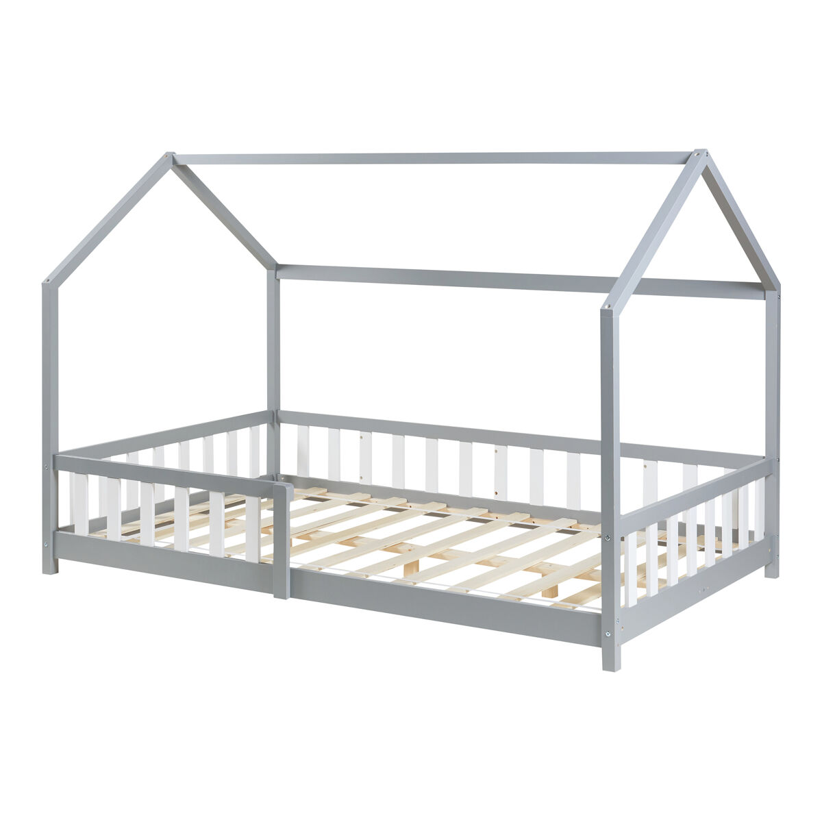 Cama infantil Hesel en forma de casa pino con reja [en.casa] 205x146 Gris
