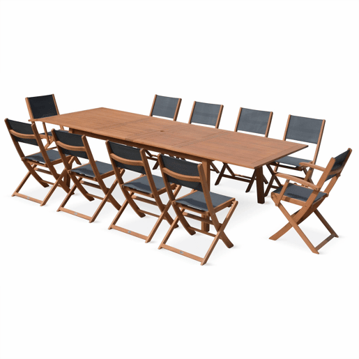 Mesa de madeira extensível para jardim, 10 cadeiras, Almeria, Madeira, 300x110x75 cm