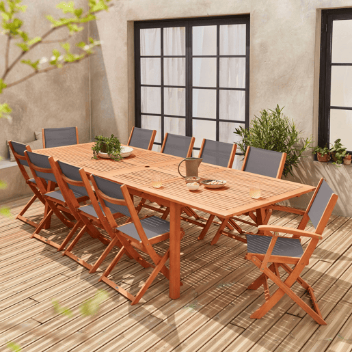 Mesa de madeira extensível para jardim, 10 cadeiras, Almeria, Madeira, 300x110x75 cm
