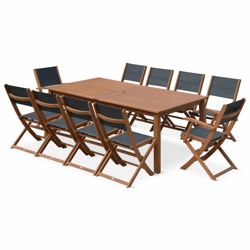 Mesa de madeira extensível para jardim, 10 cadeiras, Almeria, Madeira, 300x110x75 cm
