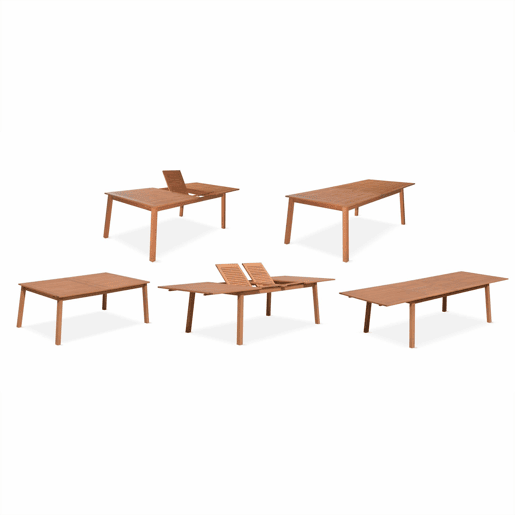 Mesa de madeira extensível para jardim, 10 cadeiras, Almeria, Madeira, 300x110x75 cm