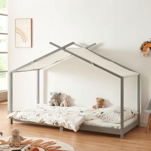 Cama de criança Brome Forma casita com teto de pinho 90 x 200 cm - Cinzento e branco en.casa