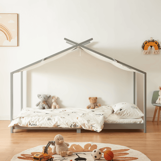 Cama de criança Brome Forma casita com teto de pinho 90 x 200 cm - Cinzento e branco en.casa