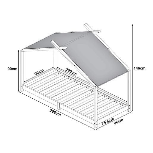 Cama de criança Brome Forma casita com teto de pinho 90 x 200 cm - Cinzento e branco en.casa
