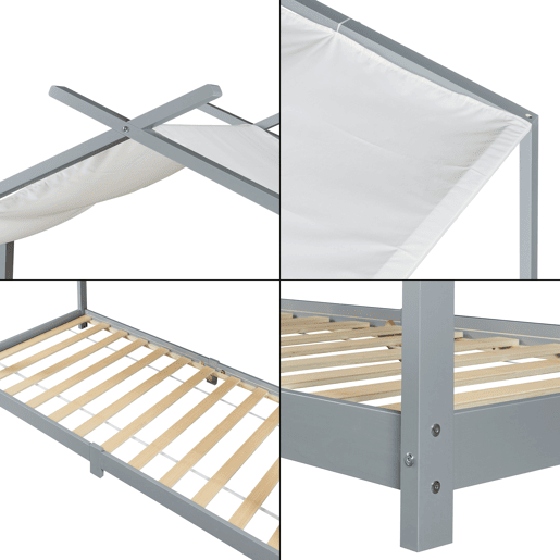 Cama de criança Brome Forma casita com teto de pinho 90 x 200 cm - Cinzento e branco en.casa