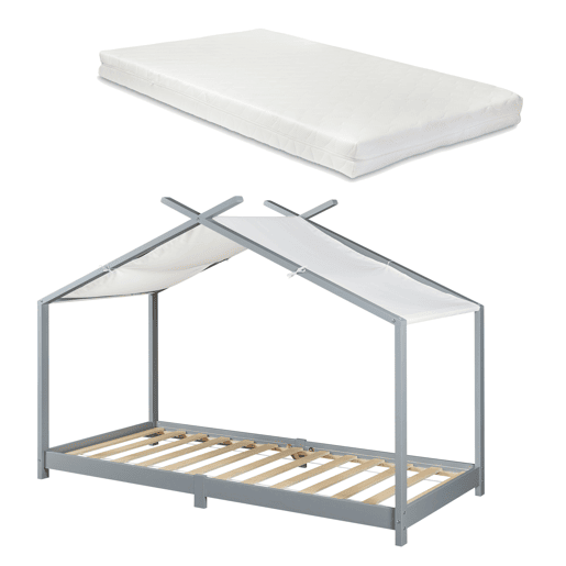 Cama de criança Brome Forma casita com colchão e teto em pinho 90x200cm - Cinzento e Branco en.casa
