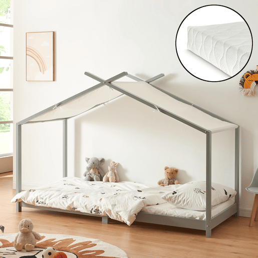 Cama de criança Brome Forma casita com colchão e teto em pinho 90x200cm - Cinzento e Branco en.casa
