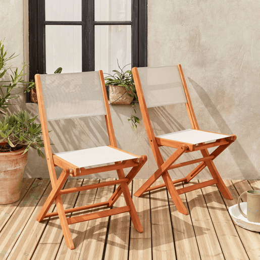 Cadeira de jardim dobrável em madeira, set de 2, Almeria, Branco, 50x58.7x89 cm