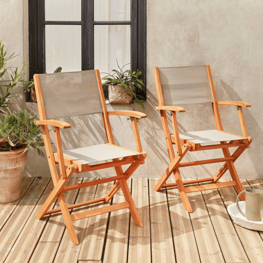 Cadeira de jardim dobrável em madeira, set de 2, Almeria, Cinza Taupe, 54x58.7x89 cm