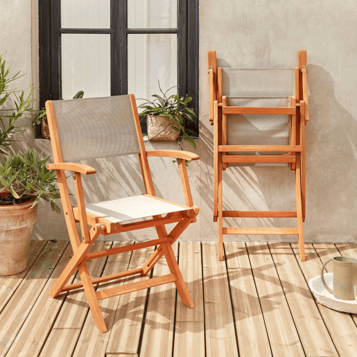 Cadeira de jardim dobrável em madeira, set de 2, Almeria, Cinza Taupe, 54x58.7x89 cm