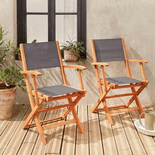 Cadeira de jardim dobrável em madeira, set de 2, Almeria, Antracite, 54x58.7x89 cm