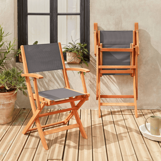 Cadeira de jardim dobrável em madeira, set de 2, Almeria, Antracite, 54x58.7x89 cm