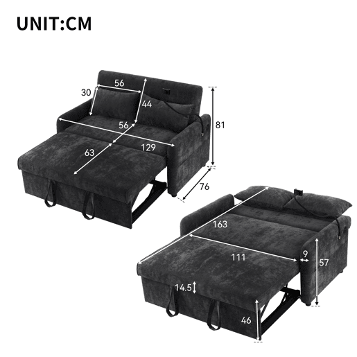 Sofá cama 2 lugares dobrável de chenille,cinzento