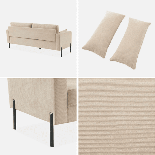 Sofá em veludo cotelê com pernas metálicas de 3 lugares, Bjorn veludo cotelê, Beige, 180x79x69 cm
