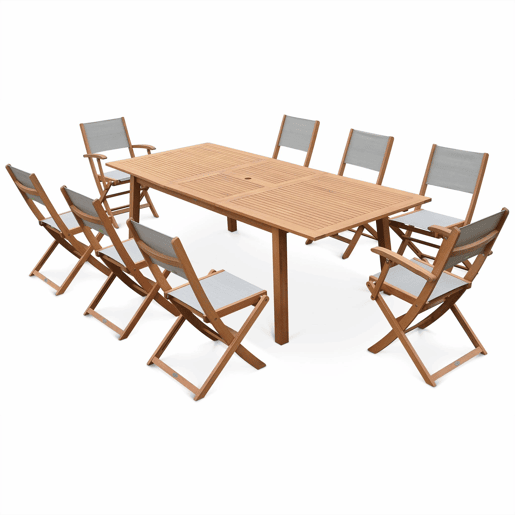 Mesa de jardim extensível em madeira, 8 cadeiras, Almeria 8, Madeira, 240x100x75 cm