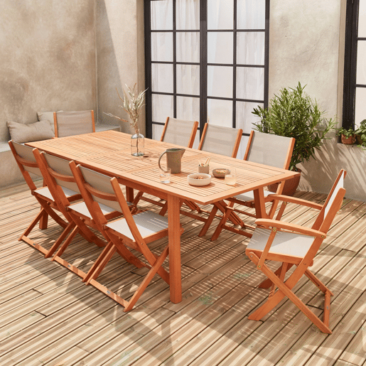 Mesa de jardim extensível em madeira, 8 cadeiras, Almeria 8, Madeira, 240x100x75 cm