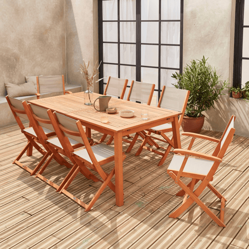 Mesa de jardim extensível em madeira, 8 cadeiras, Almeria 8, Madeira, 240x100x75 cm