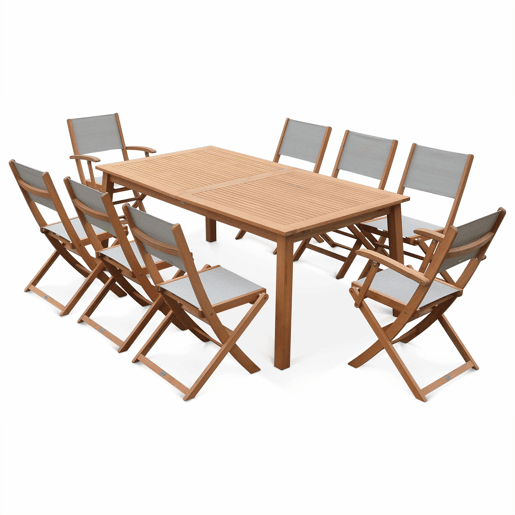 Mesa de jardim extensível em madeira, 8 cadeiras, Almeria 8, Madeira, 240x100x75 cm