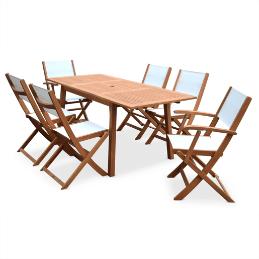 Mesa de jardim extensível em madeira, 6 cadeiras, Almeria 6, Madeira, 180x80x75 cm