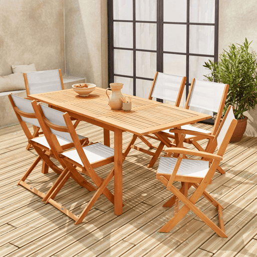 Mesa de jardim extensível em madeira, 6 cadeiras, Almeria 6, Madeira, 180x80x75 cm