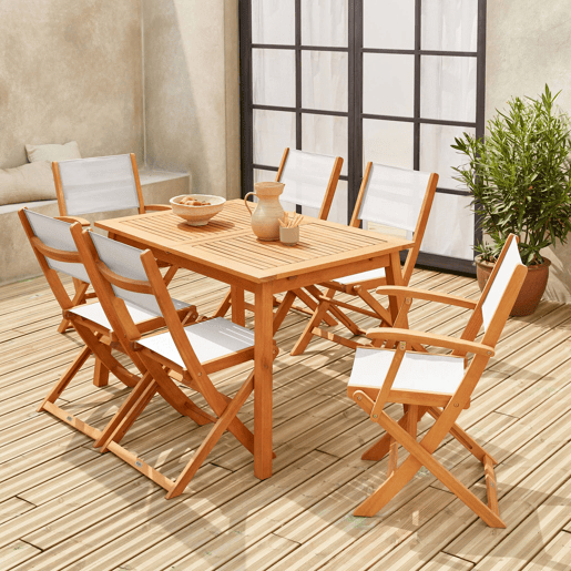Mesa de jardim extensível em madeira, 6 cadeiras, Almeria 6, Madeira, 180x80x75 cm