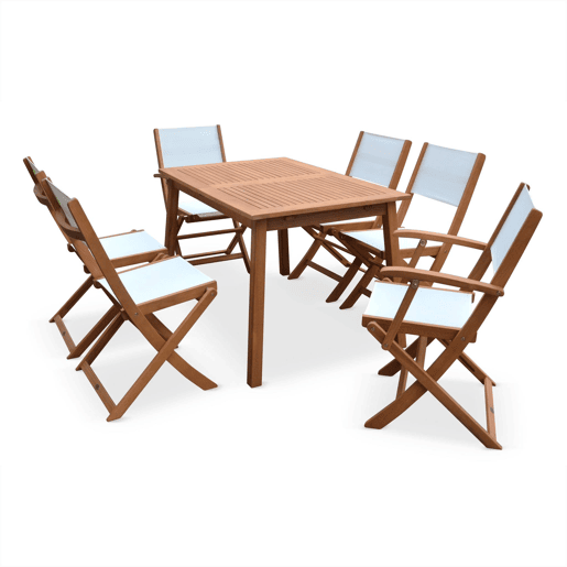 Mesa de jardim extensível em madeira, 6 cadeiras, Almeria 6, Madeira, 180x80x75 cm