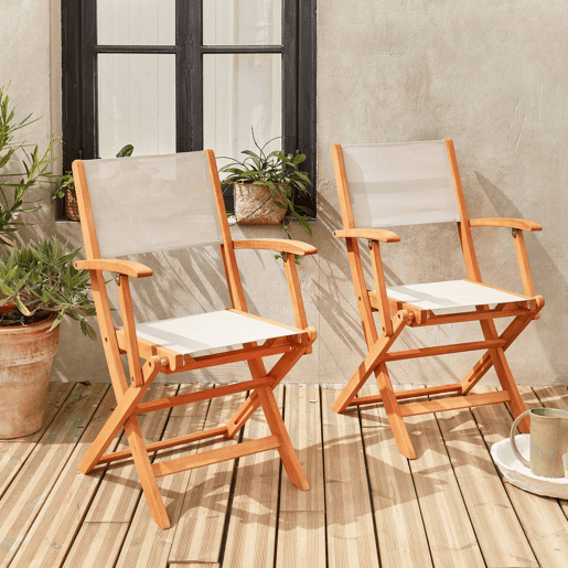 Cadeira de jardim dobrável em madeira, set de 2, Almeria, Branco, 54x58.7x89 cm