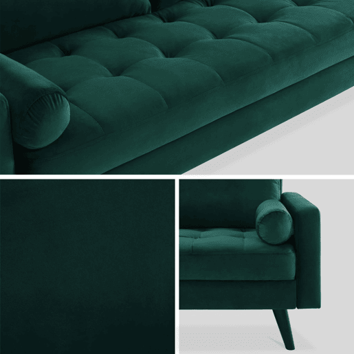 Sofá em tecido veludo com pernas de madeira de 3 lugares, Ivar veludo, Verde inglês, 177x85.5x69.5 cm