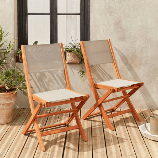 Cadeira de jardim dobrável em madeira, set de 2, Almeria, Cinza Taupe, 50x58.7x89 cm