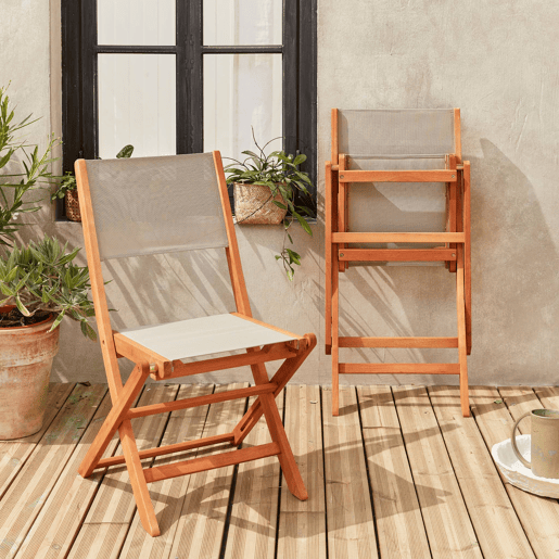 Cadeira de jardim dobrável em madeira, set de 2, Almeria, Cinza Taupe, 50x58.7x89 cm