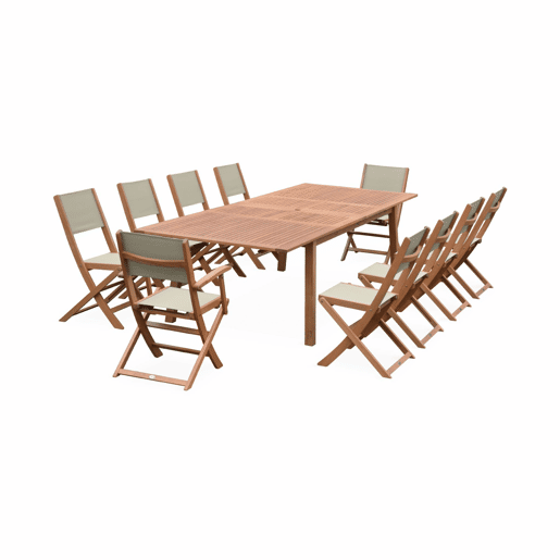 Mesa de madeira extensível para jardim, 10 cadeiras, Almeria, Madeira, 300x110x75 cm