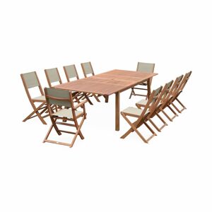 Mesa de madeira extensível para jardim, 10 cadeiras, Almeria, Madeira, 300x110x75 cm