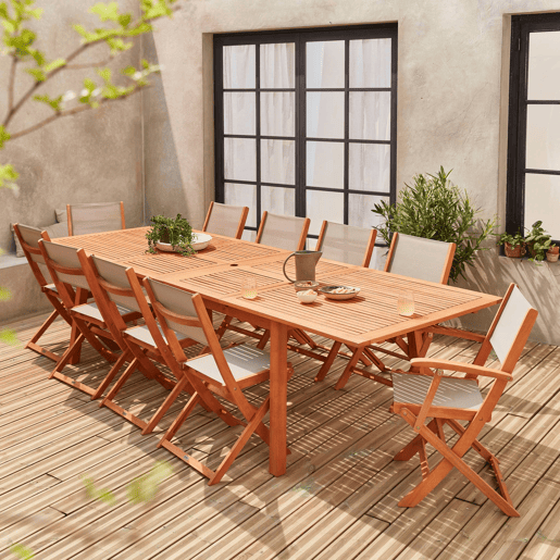 Mesa de madeira extensível para jardim, 10 cadeiras, Almeria, Madeira, 300x110x75 cm
