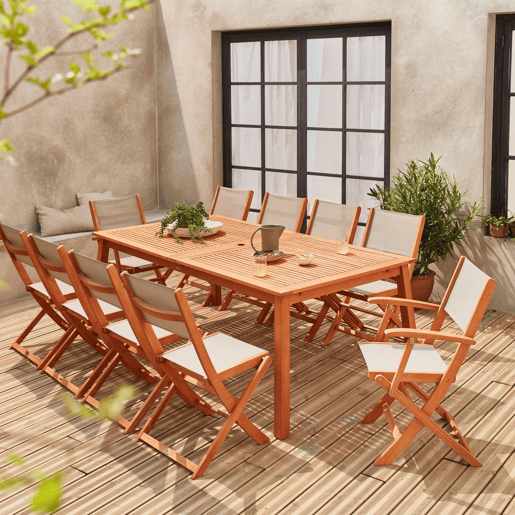 Mesa de madeira extensível para jardim, 10 cadeiras, Almeria, Madeira, 300x110x75 cm