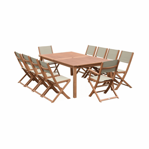 Mesa de madeira extensível para jardim, 10 cadeiras, Almeria, Madeira, 300x110x75 cm