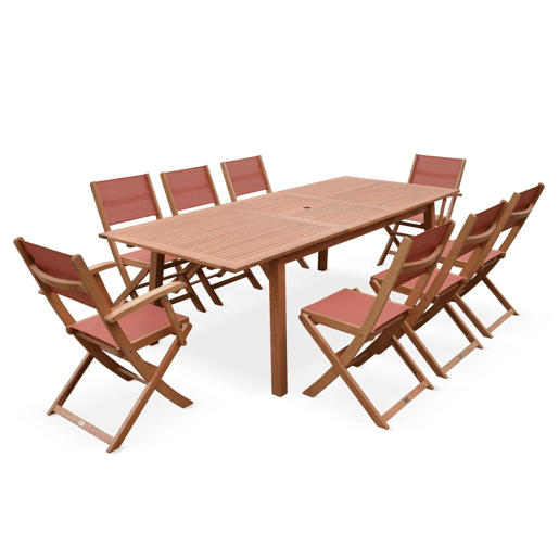 Mesa de jardim extensível em madeira, 8 cadeiras, Almeria 8, Madeira, 240x100x75 cm